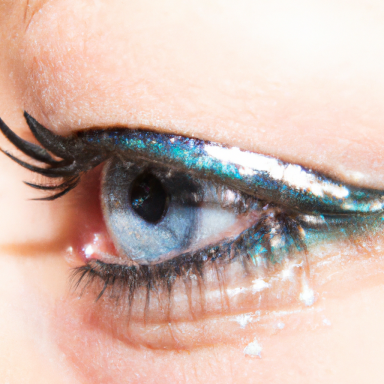 Nahaufnahme eines blauen Auges mit glitzerndem Make-up und langen Wimpern.