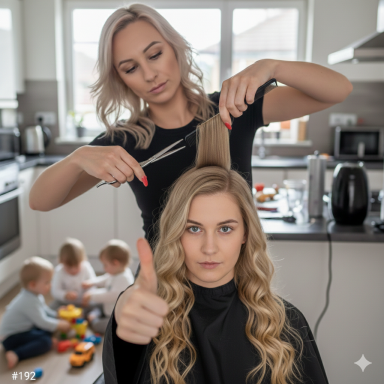 Friseurmeisterin Tina aus Koblenz schneidet Haare einer Kundin, während Kinder im Hintergrund spielen.