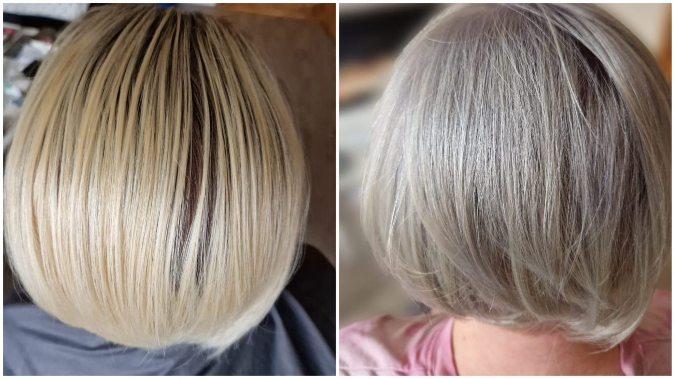 Zwei Haarschnitte: einer blond mit Strähnen, der andere grau und kürzer.