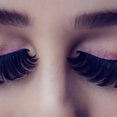 Dichte, schwarze Wimpern mit rosa Lidschatten und geschlossenen Augen.