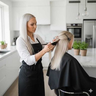 Friseurmeisterin Tina aus Koblenz schneidet das Haar einer Kundin in einem modernen Salon.