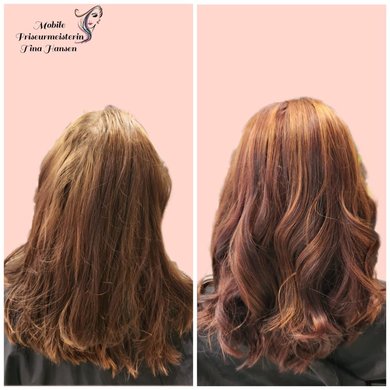 Vorher-Nachher-Bild von Haaren: links ungepflegt, rechts glänzend und gewellt.