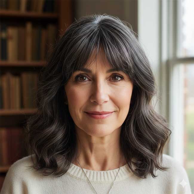 Moderner Stufenschnitt mit Curtain Bangs und sanften Wellen, natürlicher Look mit Mittelscheitel