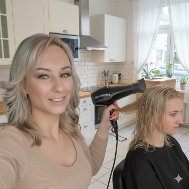 Frisörin föhnt das Haar einer Kundin in einem hellen Salon.