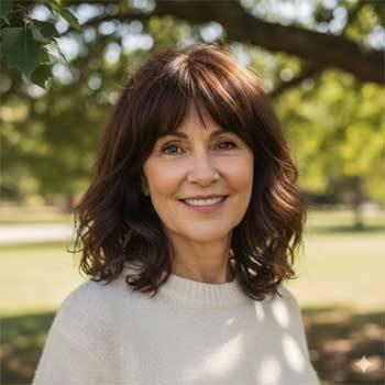 Frau mit langen Haaren und Curtain Bangs. Der typische Mittelscheitel lässt den stufig geschnittenen Pony sanft zu beiden Seit