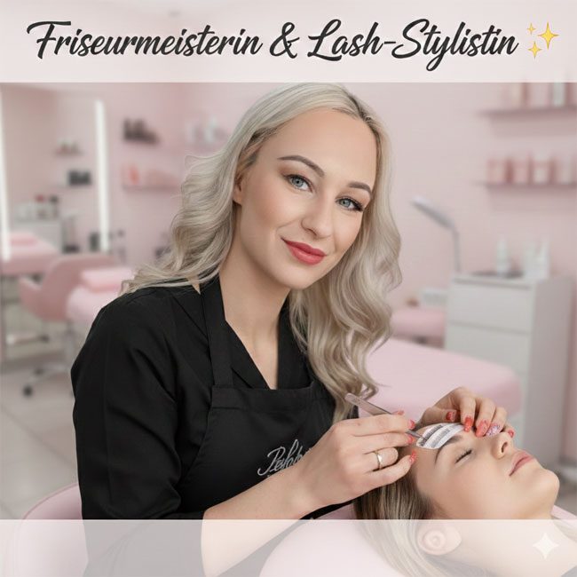 Friseurin & Lash-Stylistin lächelt, während sie einer Kundin Wimpern verlängert.