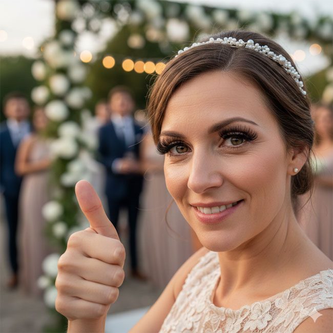 Braut lächelt und zeigt einen Daumen hoch vor einer festlichen Kulisse mit Gästen.