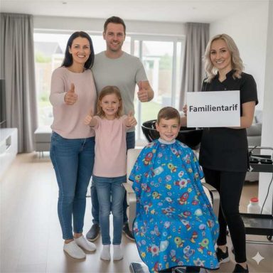 Familie steht gemeinsam im Friseursalon, Kinder mit positiven Gesten, Friseurmeisterin Tina aus Koblenz hält Schild.