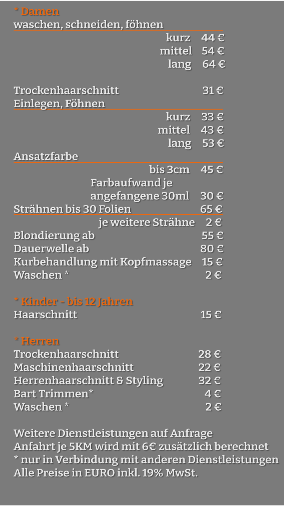 Preisliste für Friseur Dienstleistung 