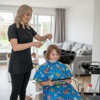 Friseurmeisterin Tina aus Koblenz schneidet das Haar eines Mädchens, während es ein Tablet benutzt.