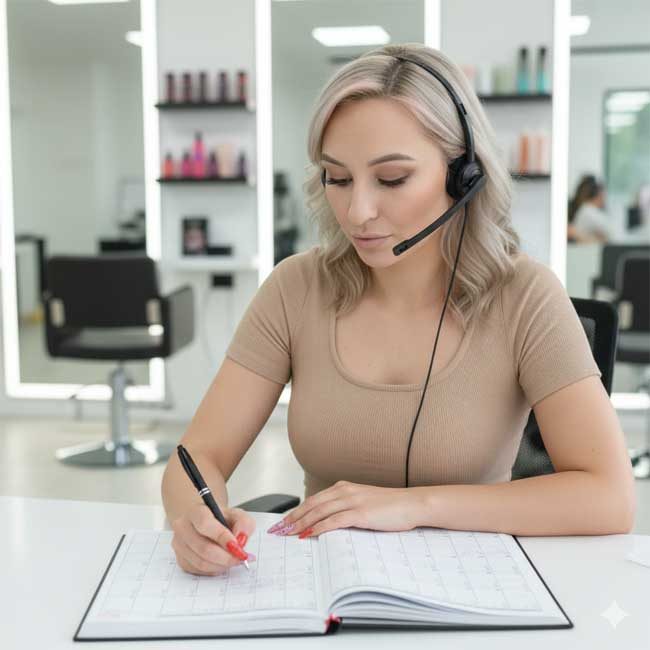 Friseurmeisterin Tina  mit Headset, die Notizen in einen Terminkalender macht, Friseursalon im Hintergrund.