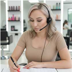 Friseurmeisterin Tina aus Koblenz am Telefon für mobilen Friseurtermin in Koblenz, Andernach, Mülheim-Kärlich.
