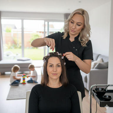 Friseurmeisterin Tina aus Koblenz frisiert eine Frau mit Lockenwicklern in modernem, hellem Wohnraum.