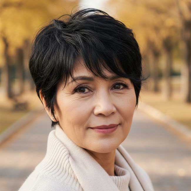 Frau mit Kurzhaarschnitt in der Variante Soft Pixie, der Trend Haarfrisur 2026 von mobiler Friseurmeisterin in Koblenz