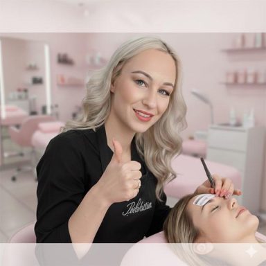 Friseurmeisterin Tina aus Koblenz gibt einem Kunden ein Daumen hoch während einer Augenbrauenbehandlung.