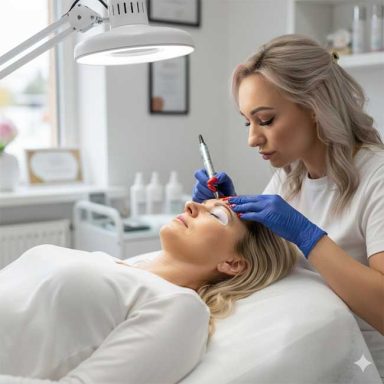 Friseurmeisterin Tina aus Koblenz verlängert die Wimpern bei einer Kundin in Mülheim-Kärlich.